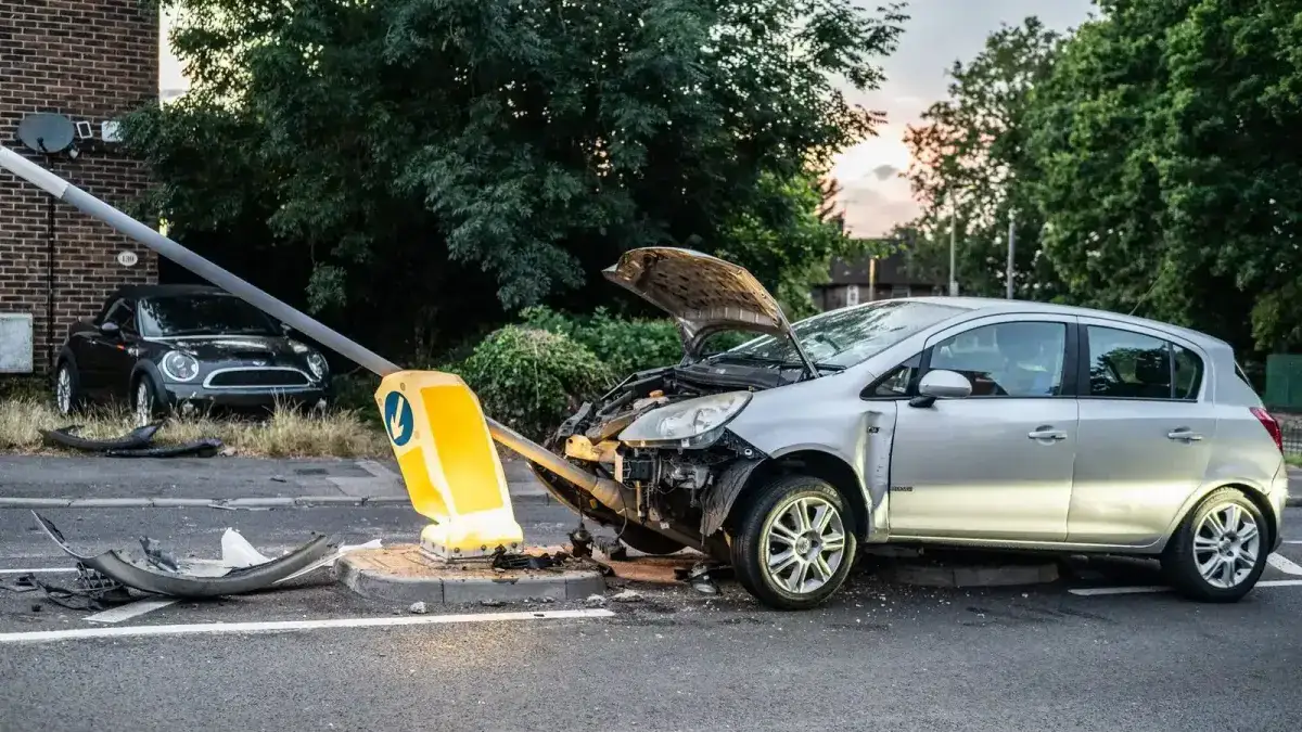 A car with severe front-end damage after a collision